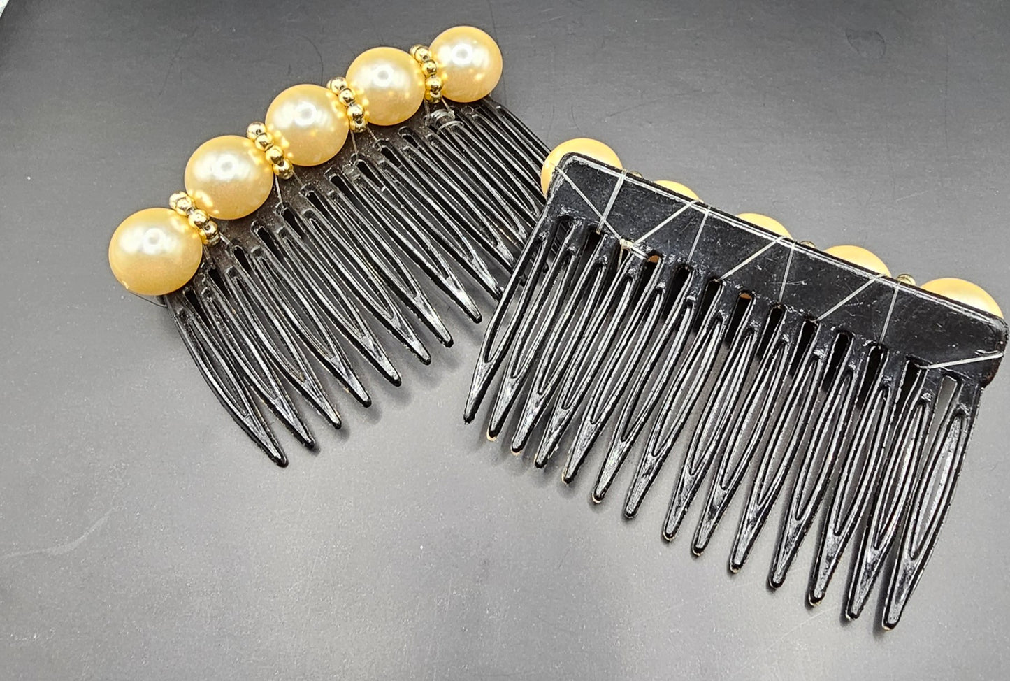 Faux Pearl Retro Hair Comb set of 2 gold accents (black comb, for dark hair)
