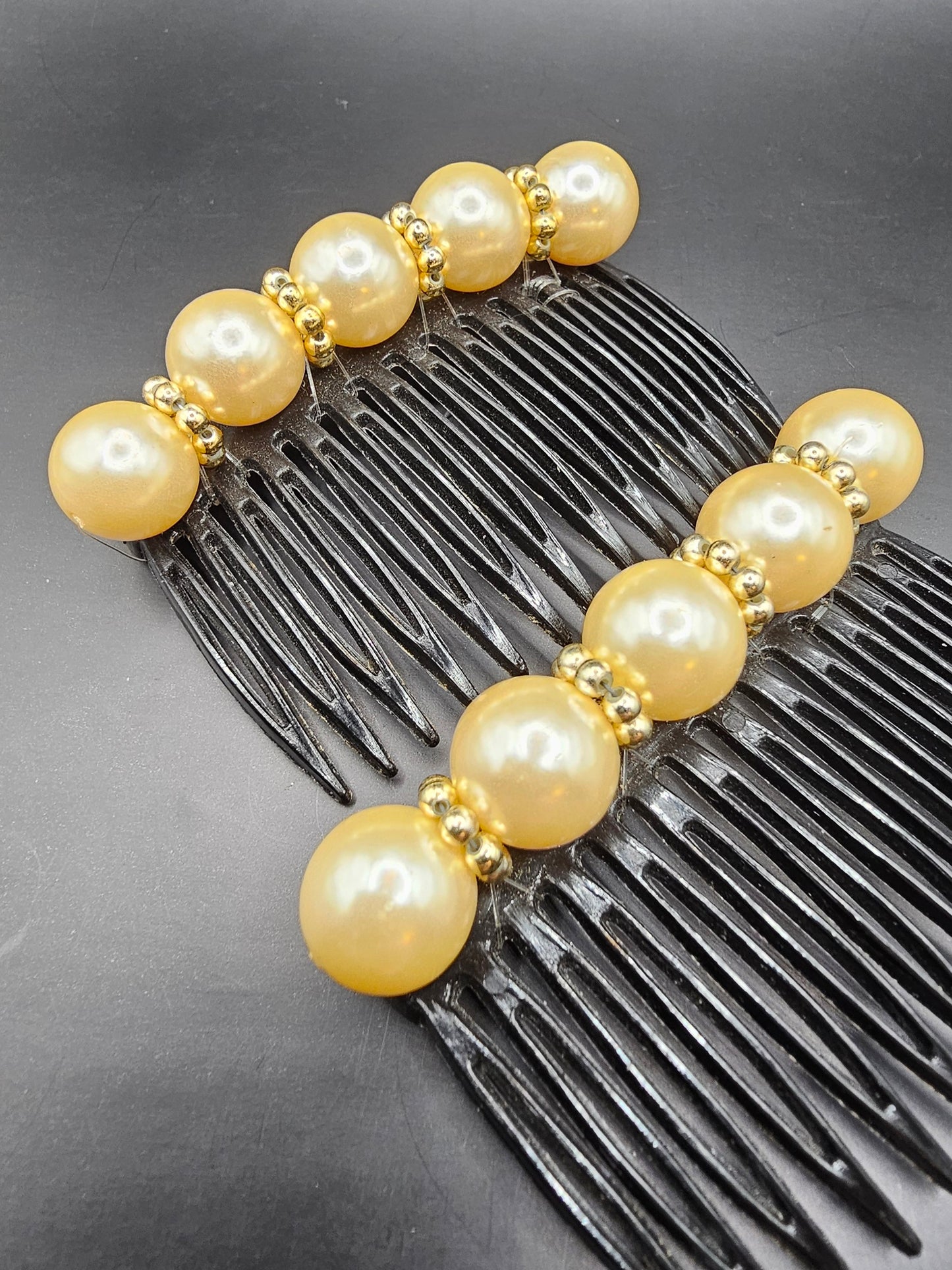 Faux Pearl Retro Hair Comb set of 2 gold accents (black comb, for dark hair)