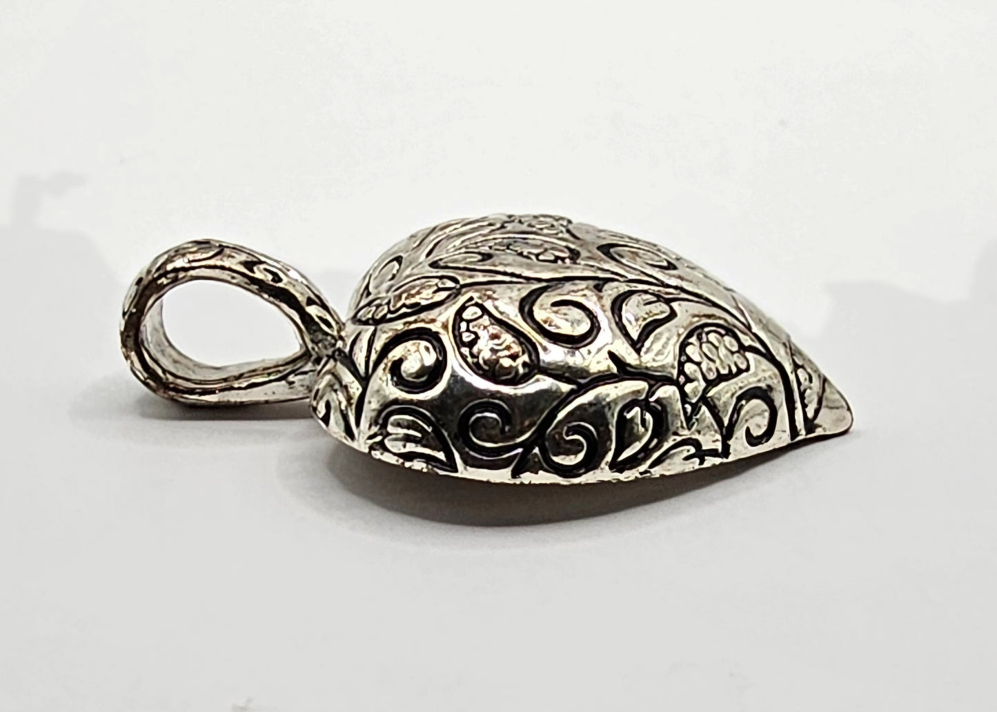 Retro Domed Silver Heart Pendant with leaf design 1.5" x 1.25"
