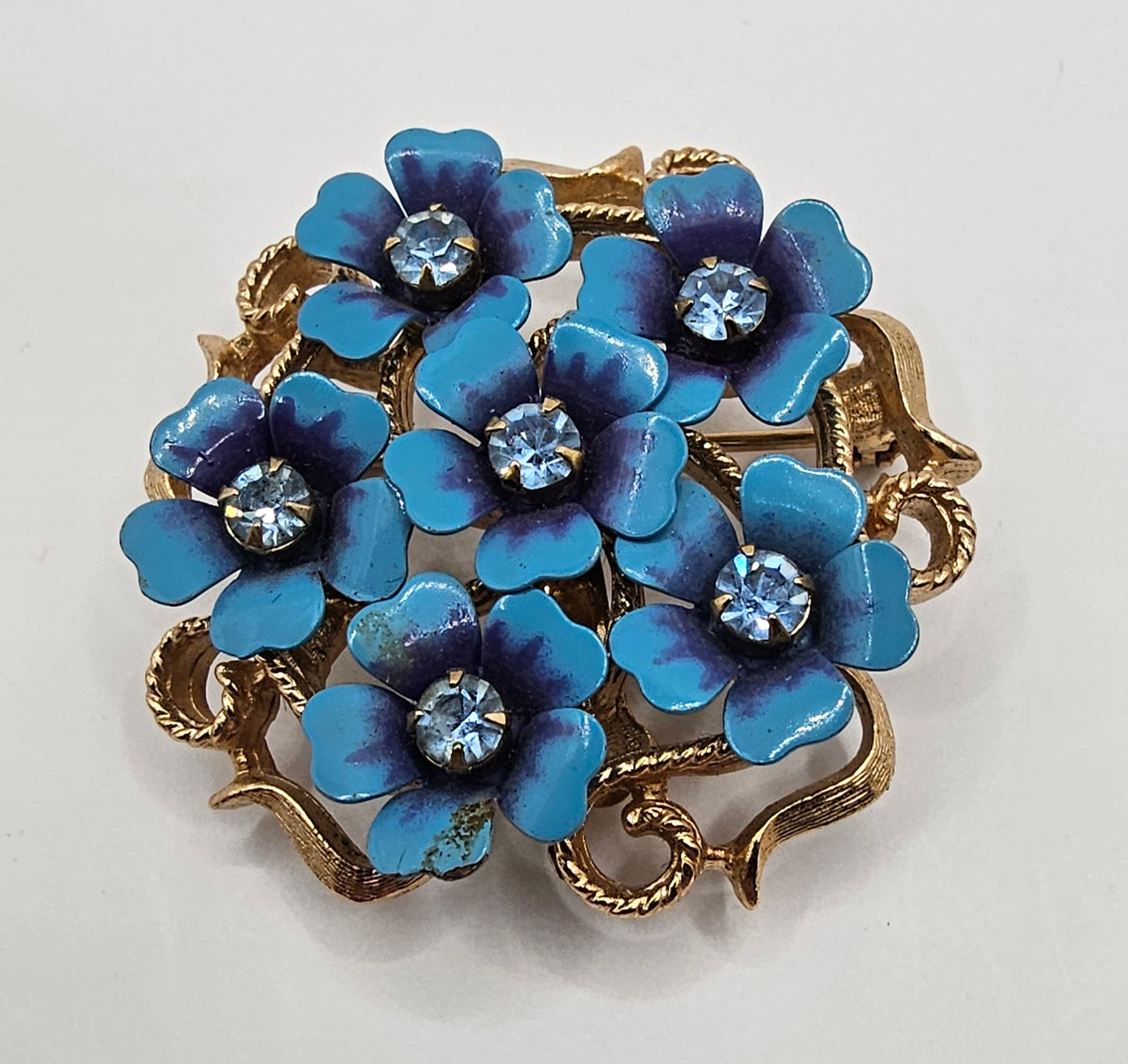 Vintage Avon Flower Brooch - pendant (can be worn as either) light blue flowers with rhinestone, gold