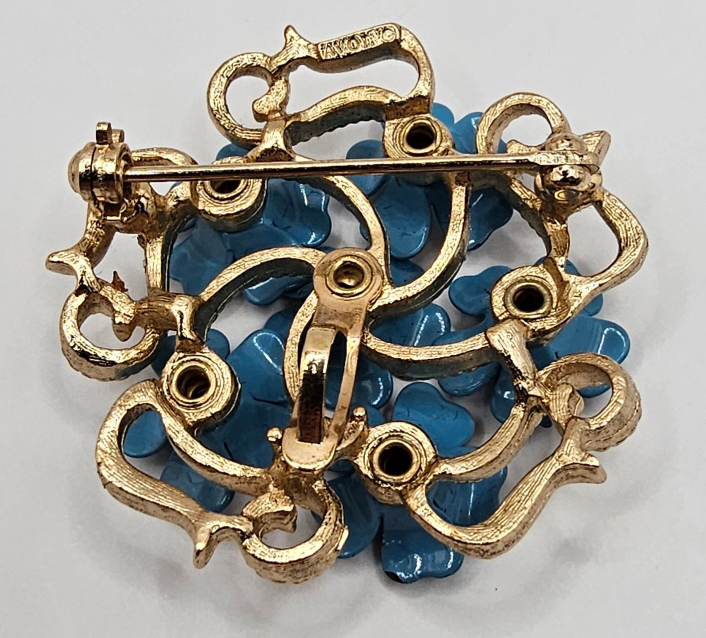 Vintage Avon Flower Brooch - pendant (can be worn as either) light blue flowers with rhinestone, gold