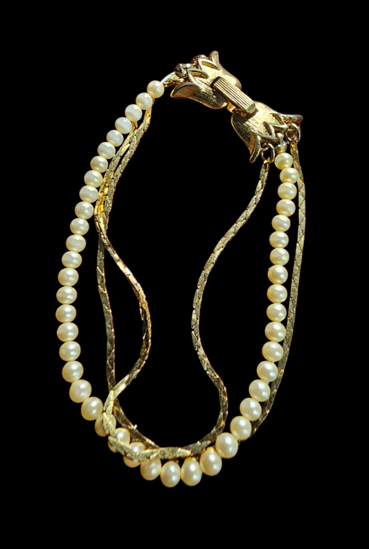 Trifari Bracelet 7" gold herringbone & faux pearl