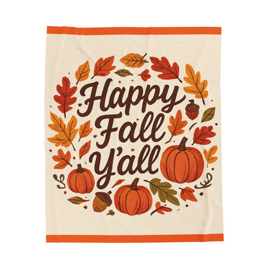 Cozy Fall Velveteen Blanket, Autumn Decor, Happy Fall Y'all, Pumpkin Throw, Thanksgiving Gift, Seasonal Home Textile