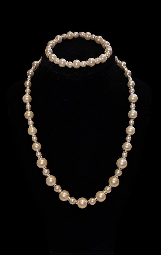 Faux Pearl 18" Necklace & 7" Bracelet set, silver accents