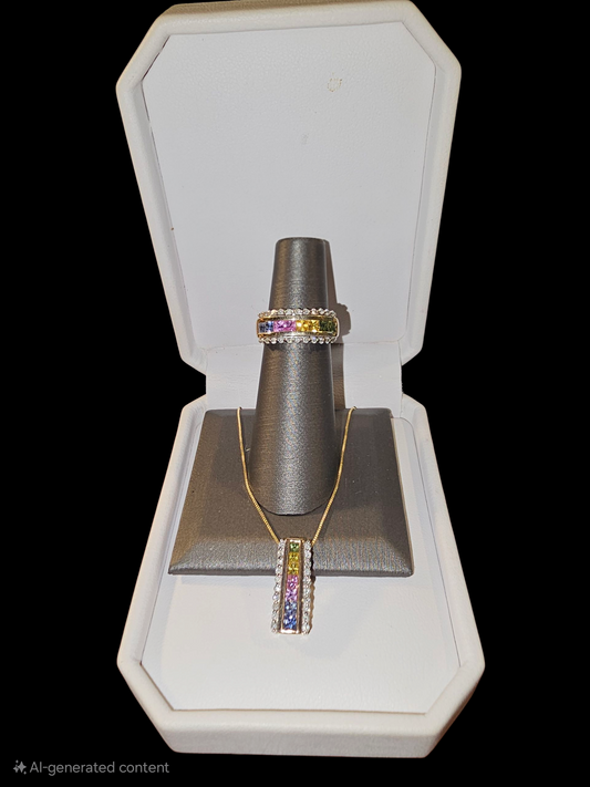 Multi colored gemstone necklace and ring set