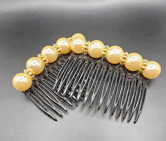 Faux Pearl Retro Hair Comb set of 2 gold accents  (black comb, for dark hair)