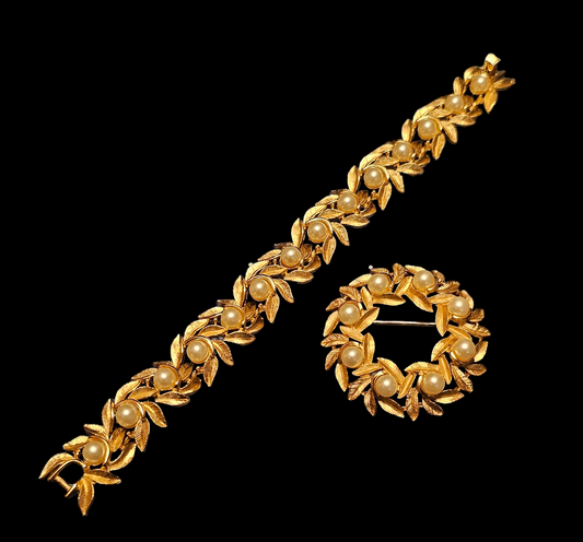 Vintage Avon Faux Pearl Brooch & Gold leaf bracelet set