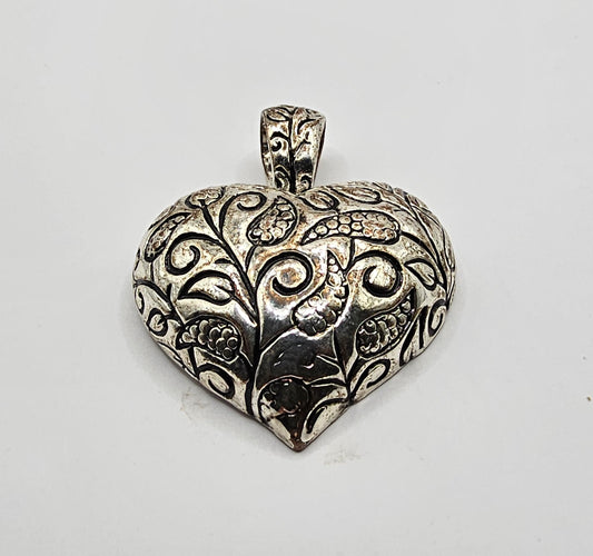 Retro Domed Silver Heart Pendant with leaf design 1.5" x 1.25"