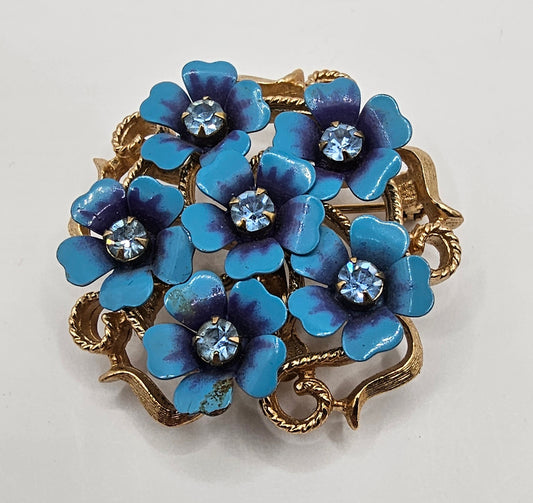 Vintage Avon Flower Brooch - pendant (can be worn as either) light blue flowers with rhinestone, gold